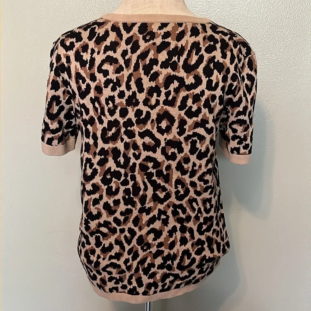 J.Crew short sleeve crew neck sweater blouse all over animal print, tan/brown